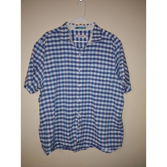 Tommy Bahama Mens XL Gingham Linen Blend Short Sleeve Button Up Shirt Blue White - Picture 2 of 9